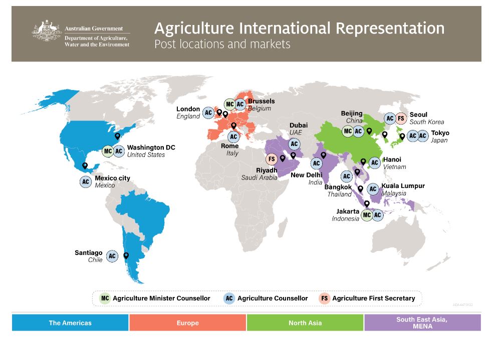 Diagram of the world showing where the offices of Australia's agriculture councillor offices are bas